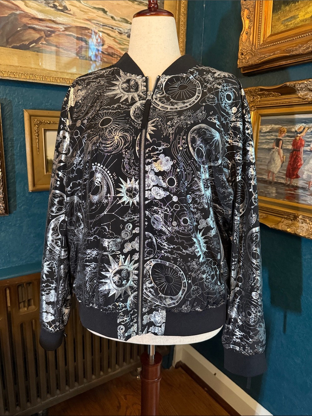 Johnny Was Black and Silver Celestial-Print Bomber Jacket